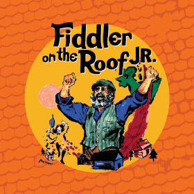 Illustration of a bearded man with a village in the background and the text Fiddler on the Roof