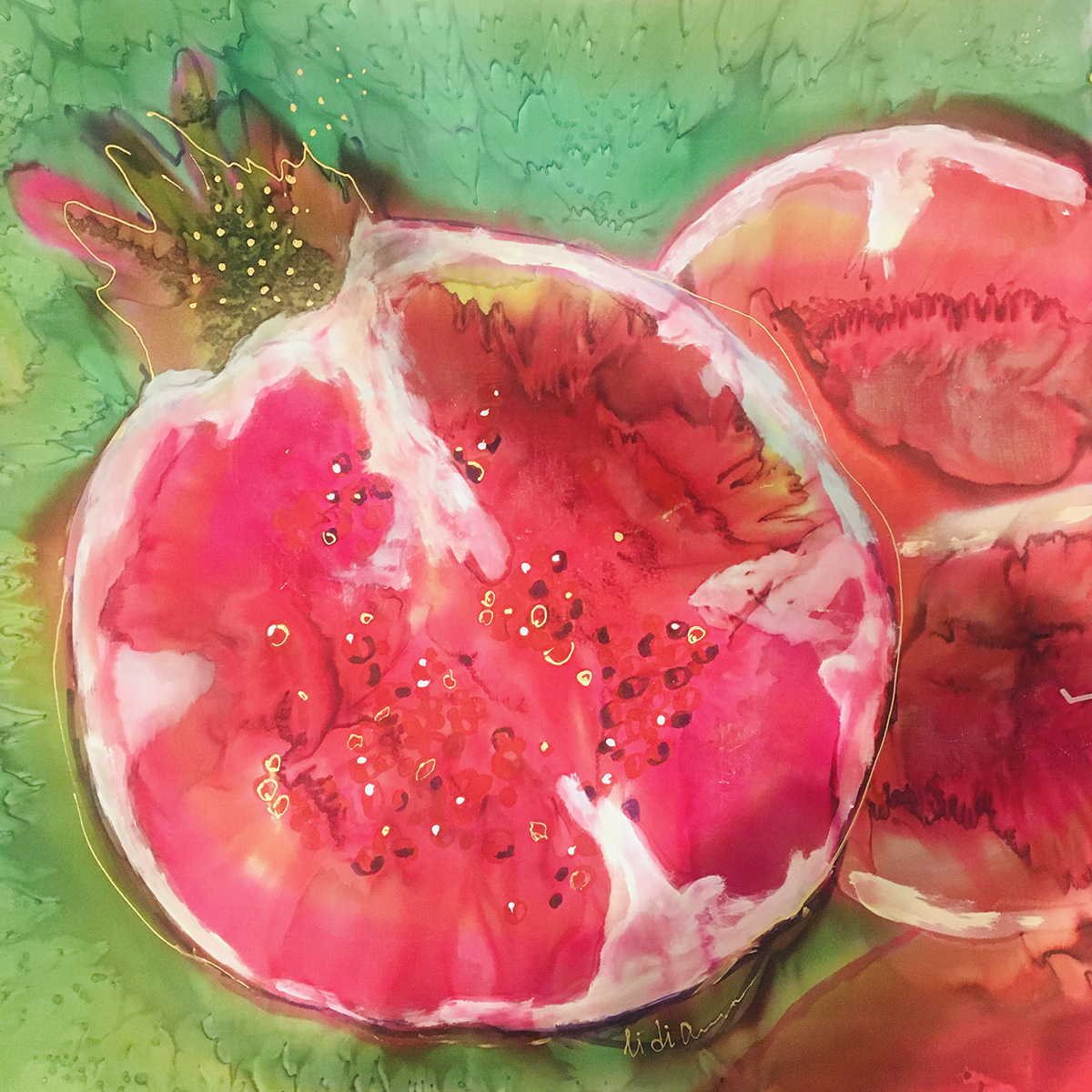 Colorful artwork of a painted pomegranate by artist Lidia Mikhaylova