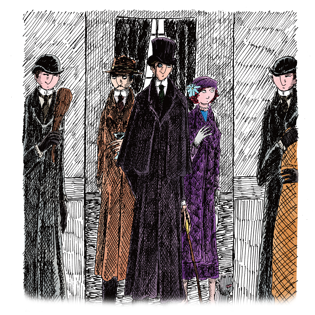 The Thirteen Mystery illustration of four mysterious men and one woman in 1930s attire