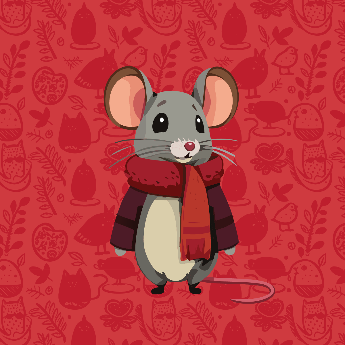 Illustration of a mouse wearing a scarf and jacket on a red patterned background