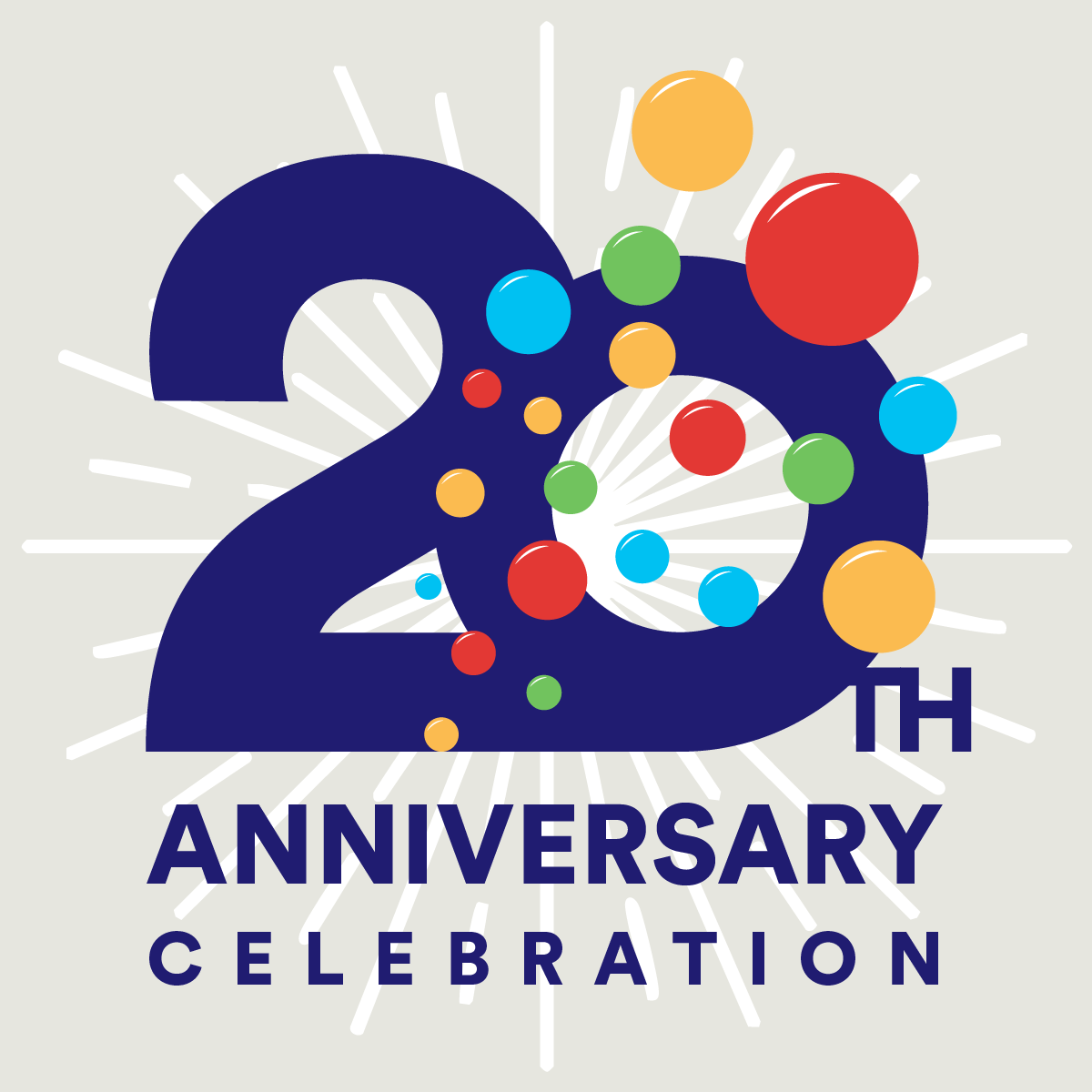 20th Anniversary Celebration Logo with burst of floating multi-colored circles