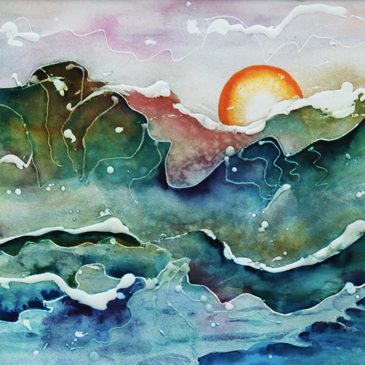 Wax and watercolor painting of sun over blue green waves by Nan Rumpf