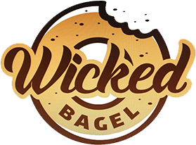 wicked bagel logo, a bagel with a bite taken out of it with the text wicked bagel