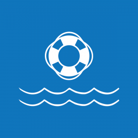 Icon image of life preserver ring on the waves over a blue background