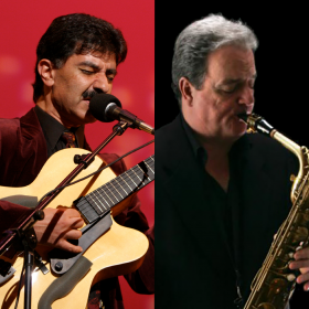 Headshots of John Baboian with guitar and Danny Harrington with sax